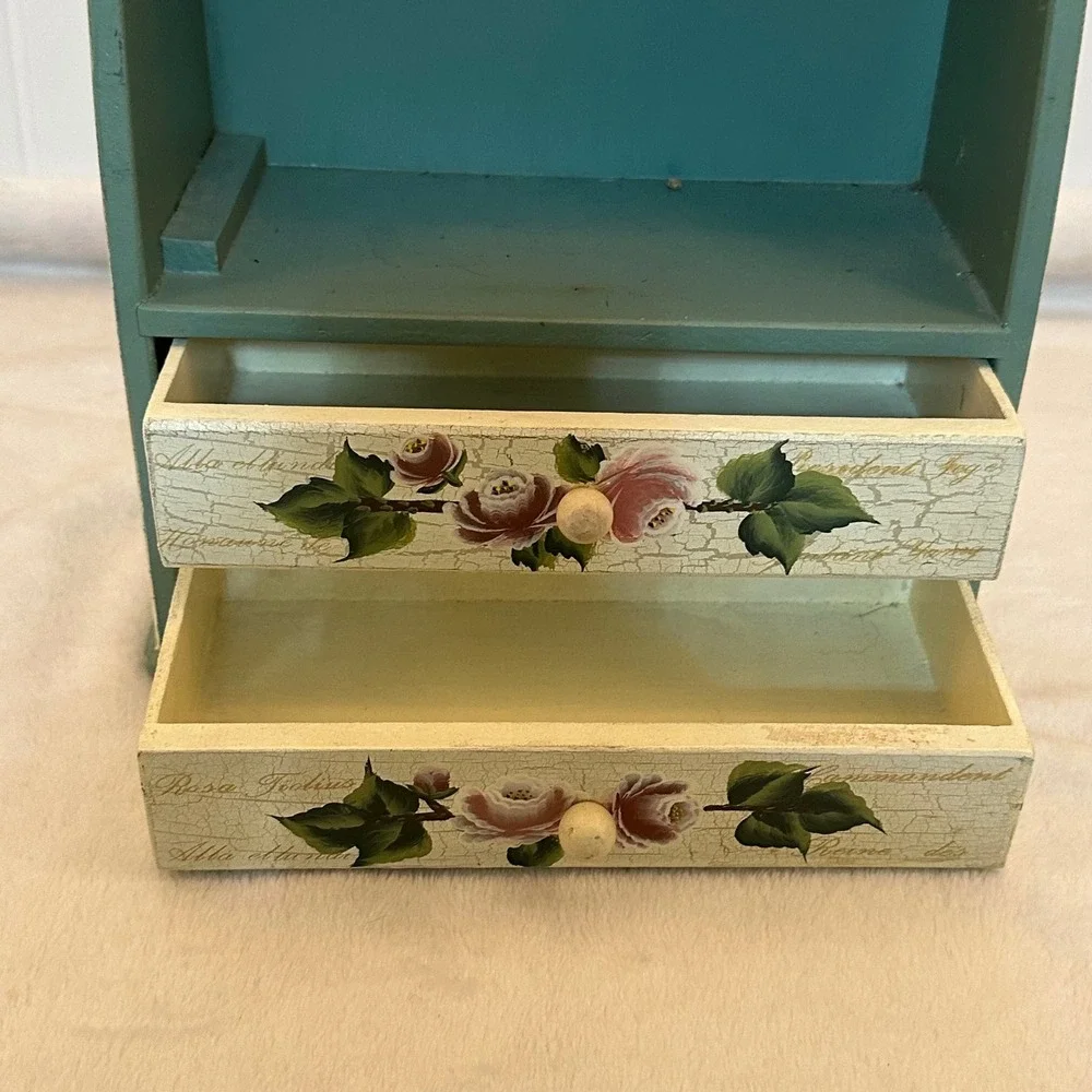 Unbranded Wooden Jewelry Box Green Excellent Floral Shabby Chic 3-Tier Floral